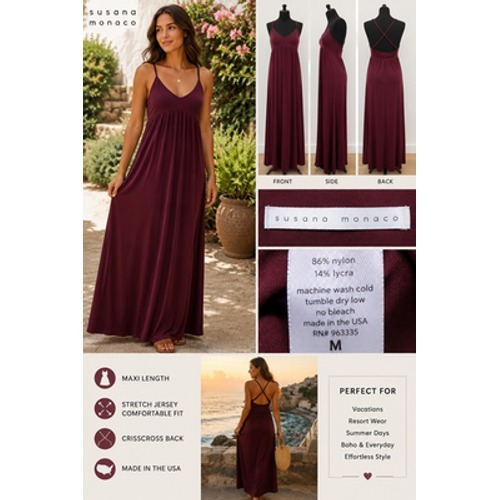 Susana Monaco Burgundy Maxi Dress M Criss Cross Back Empire Waist Stretch Usa